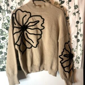 Tan sweater w/ embroidered flowers